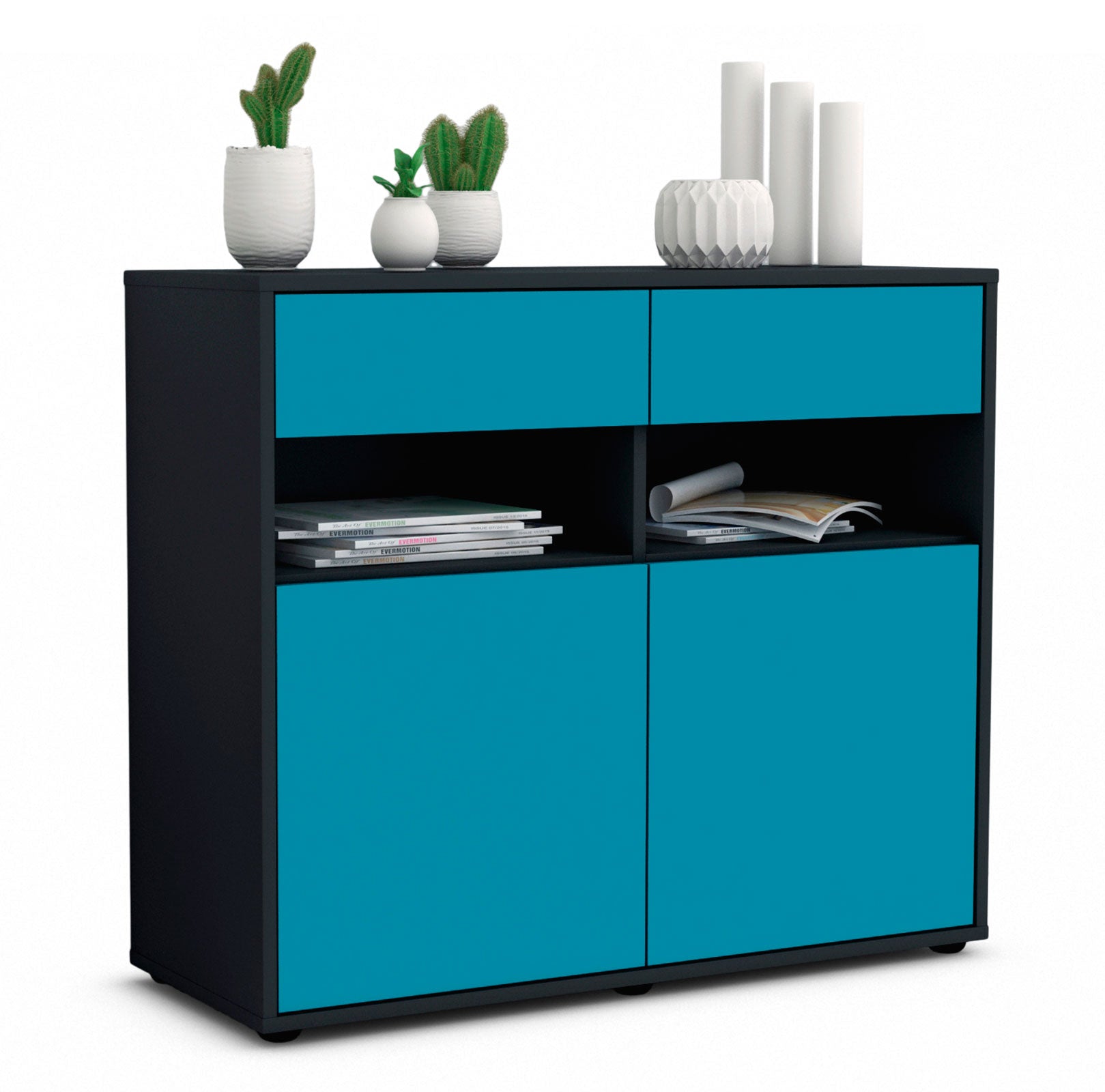 Sideboard Bruna | Korpus Anthrazit | Front in Türkis | 92x79x35cm (BxHxT) 1 Sideboard Bruna | Korpus Anthrazit | Front in Türkis | 92x79x35cm (BxHxT)
