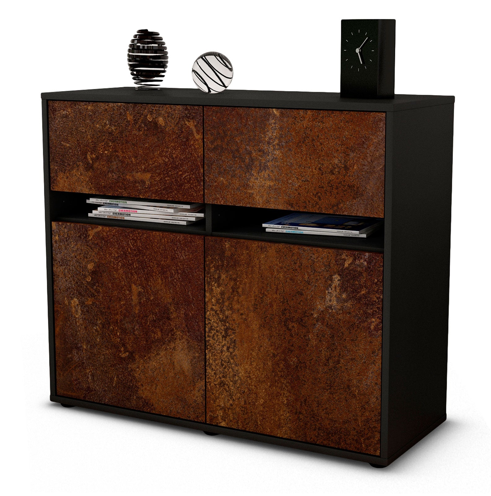 Sideboard Brunilde | Korpus Anthrazit | Front in Rost Optik | 92x79x35cm (BxHxT) 1 Sideboard Brunilde | Korpus Anthrazit | Front in Rost Optik | 92x79x35cm (BxHxT)