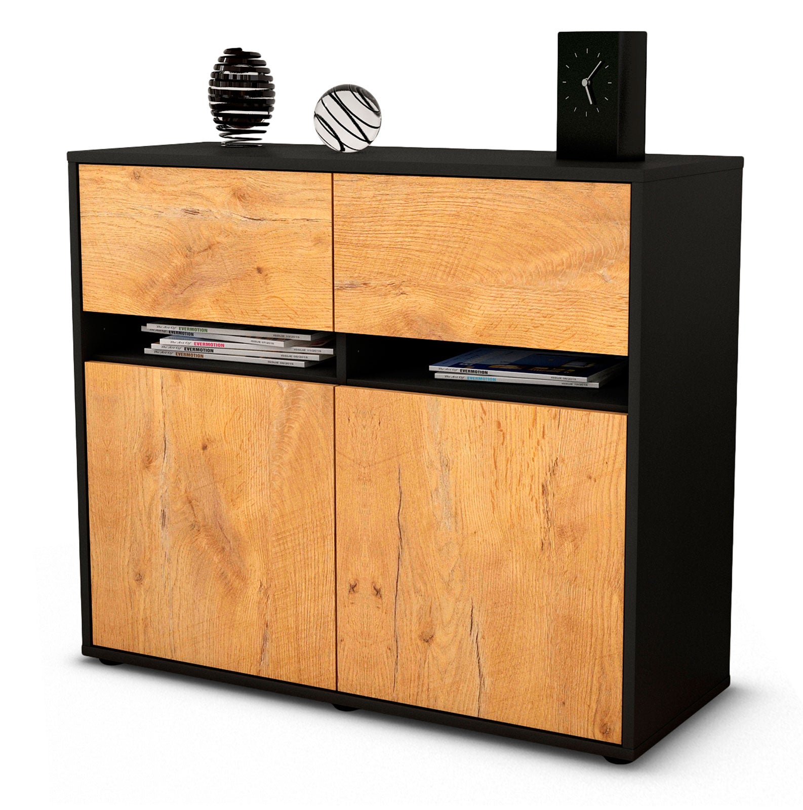 Sideboard Brunilde | Korpus Anthrazit | Front in Eiche Holz Optik | 92x79x35cm (BxHxT) 1 Sideboard Brunilde | Korpus Anthrazit | Front in Eiche Holz Optik | 92x79x35cm (BxHxT)