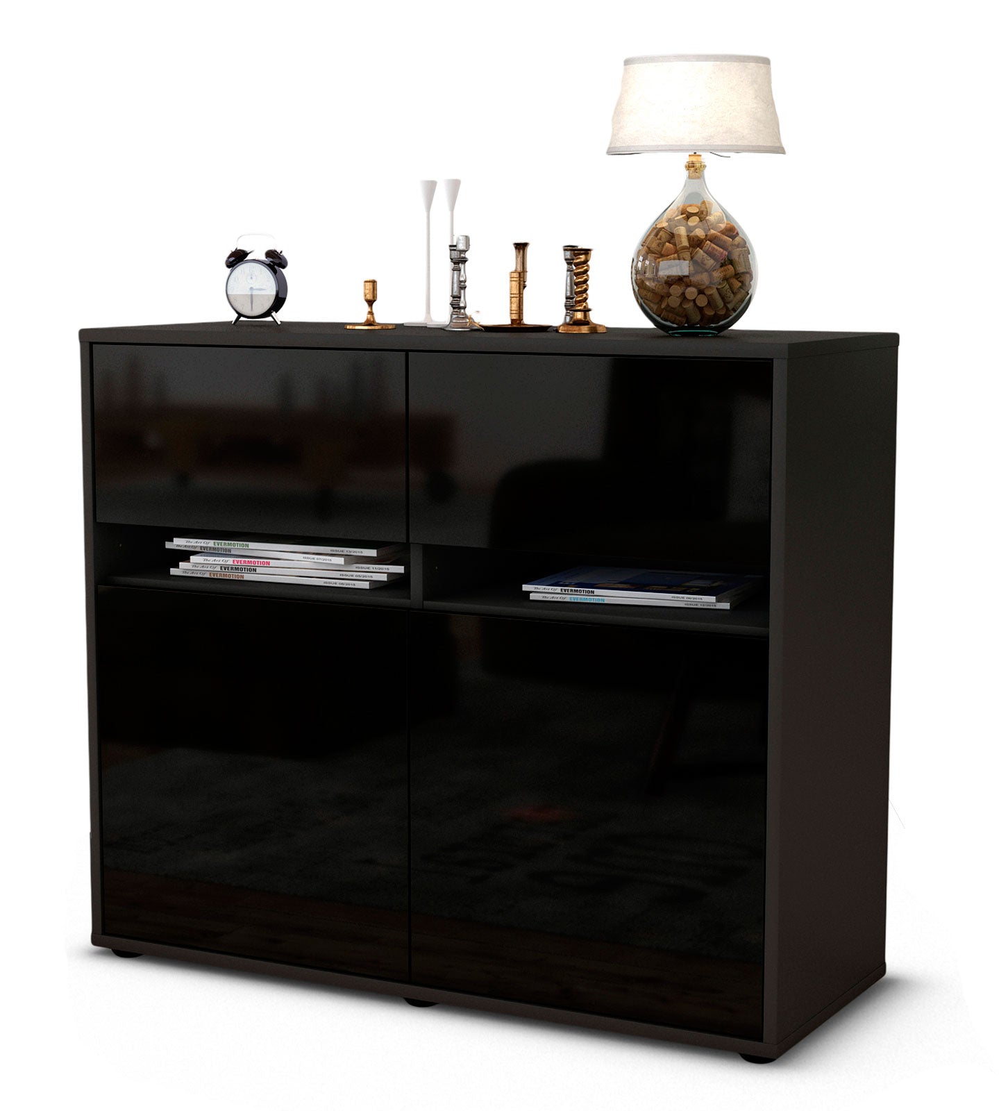 Sideboard Brunilde | Korpus Anthrazit | Front in Hochglanz Schwarz | 92x79x35cm (BxHxT) 1 Sideboard Brunilde | Korpus Anthrazit | Front in Hochglanz Schwarz | 92x79x35cm (BxHxT)