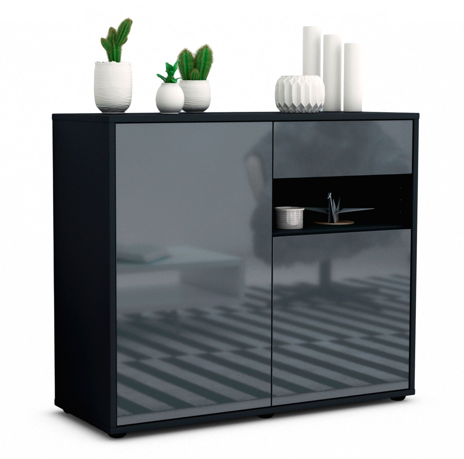 Sideboard Charlotta | | Front in Hochglanz Grau | 92x79x35cm (BxHxT) 1 Sideboard Charlotta | | Front in Hochglanz Grau | 92x79x35cm (BxHxT)