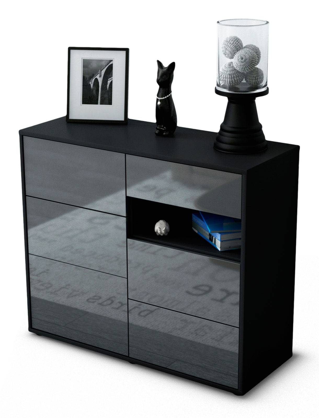 Sideboard Dariella | Korpus Anthrazit | Front in Hochglanz Grau | 92x79x35cm (BxHxT) 1 Sideboard Dariella | Korpus Anthrazit | Front in Hochglanz Grau | 92x79x35cm (BxHxT)