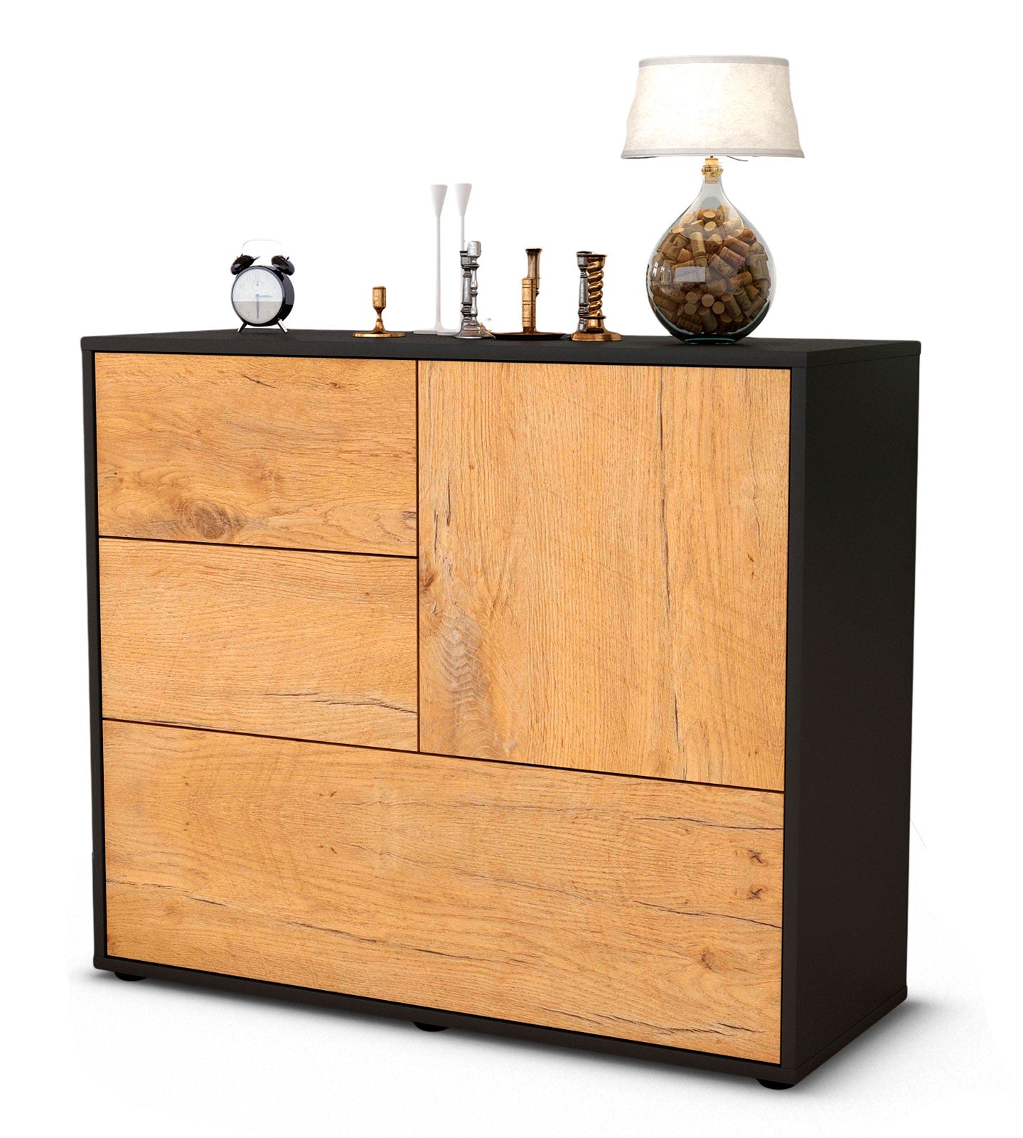 Sideboard Deanna | Korpus Anthrazit | Front in Eiche Holz Optik | 92x79x35cm (BxHxT) 1 Sideboard Deanna | Korpus Anthrazit | Front in Eiche Holz Optik | 92x79x35cm (BxHxT)
