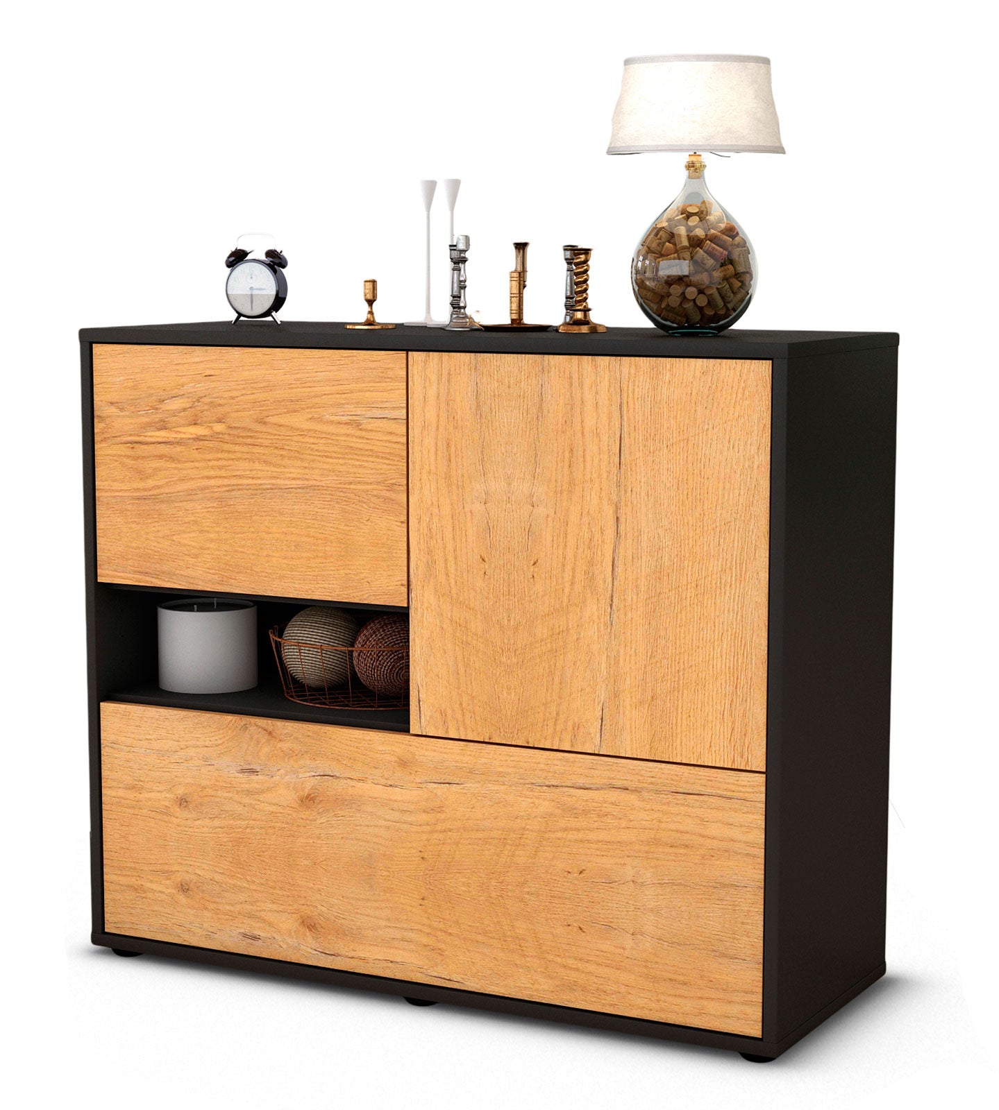 Sideboard Debora | Korpus Anthrazit | Front in Eiche Holz Optik | 92x79x35cm (BxHxT) 1 Sideboard Debora | Korpus Anthrazit | Front in Eiche Holz Optik | 92x79x35cm (BxHxT)