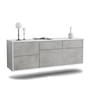 Lowboard Fresno | hängend | Korpus Weiß | Front in Beton Optik | 136x49x35cm (BxHxT)