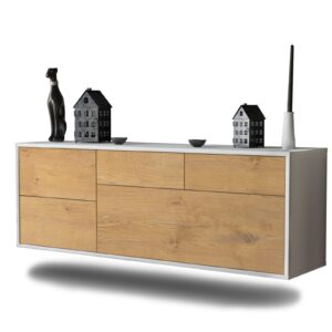 Lowboard Fresno | hängend | Korpus Weiß | Front in Eiche Holz Optik | 136x49x35cm (BxHxT)
