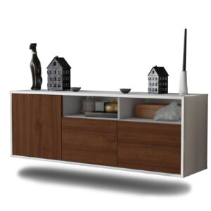 Lowboard Omaha | hängend | Korpus Weiß | Front in Walnuss Holz Optik | 136x49x35cm (BxHxT)