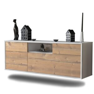 Lowboard Oakland | hängend | Korpus Weiß | Front in Pinie Holz Optik | 136x49x35cm (BxHxT)