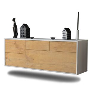 Lowboard Minneapolis | hängend | Korpus Weiß | Front in Eiche Holz Optik | 136x49x35cm (BxHxT)