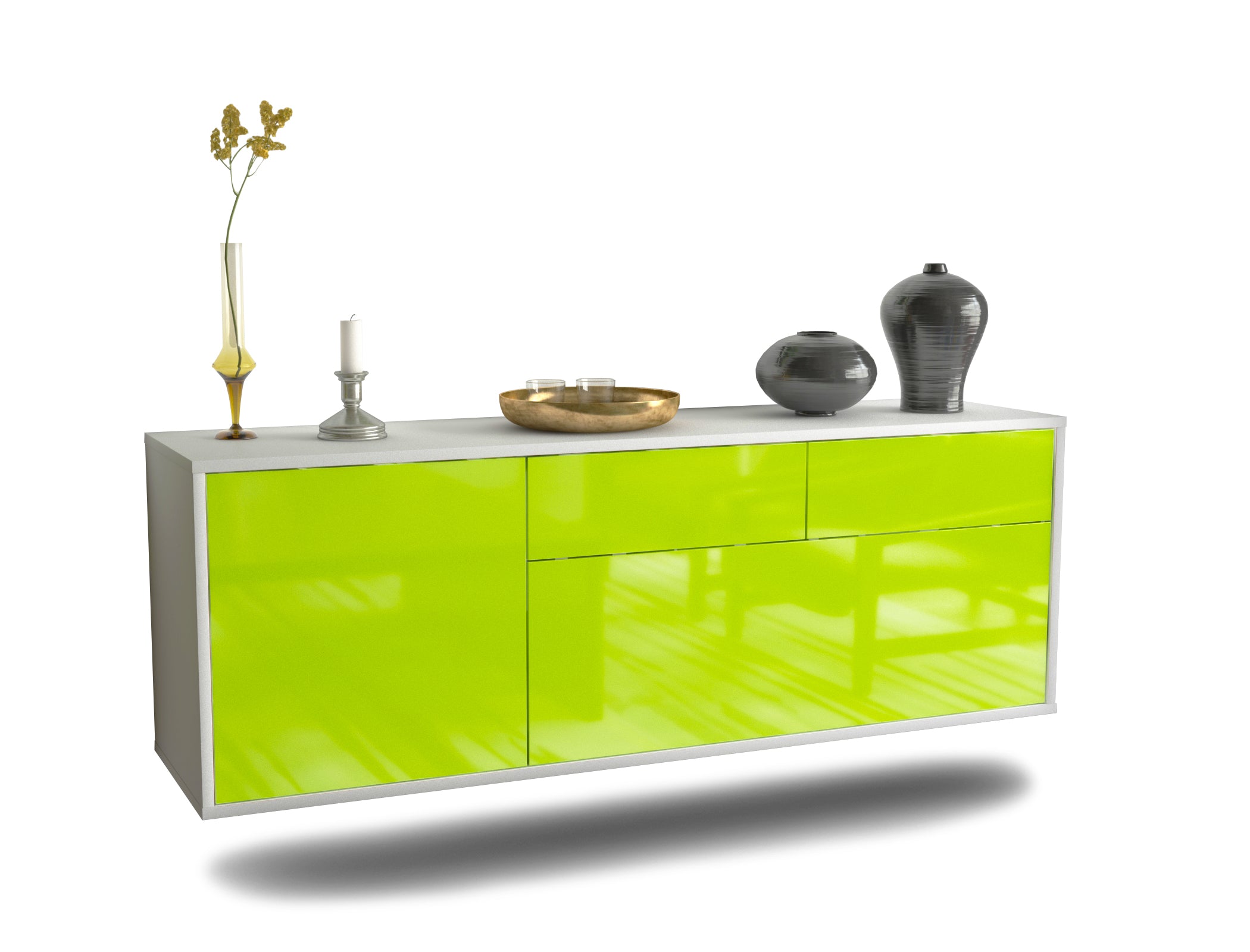 Lowboard Colorado Springs | hängend | Korpus Weiß | Front in Hochglanz Grün | 136x49x35cm (BxHxT) 1 Lowboard Colorado Springs | hängend | Korpus Weiß | Front in Hochglanz Grün | 136x49x35cm (BxHxT)