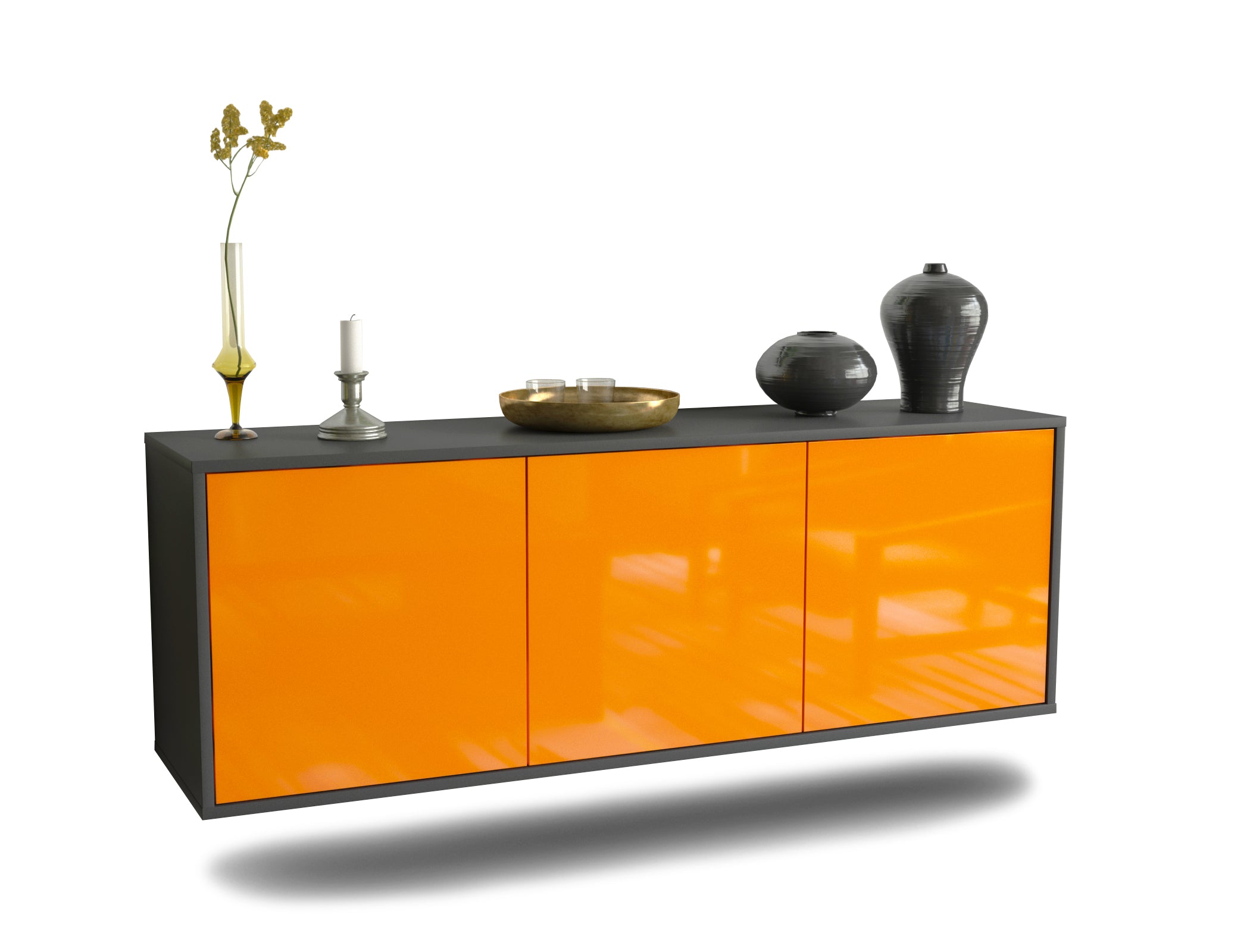 Lowboard Seattle | hängend | Korpus Anthrazit | Front in Hochglanz Orange | 136x49x35cm (BxHxT) 1 Lowboard Seattle | hängend | Korpus Anthrazit | Front in Hochglanz Orange | 136x49x35cm (BxHxT)