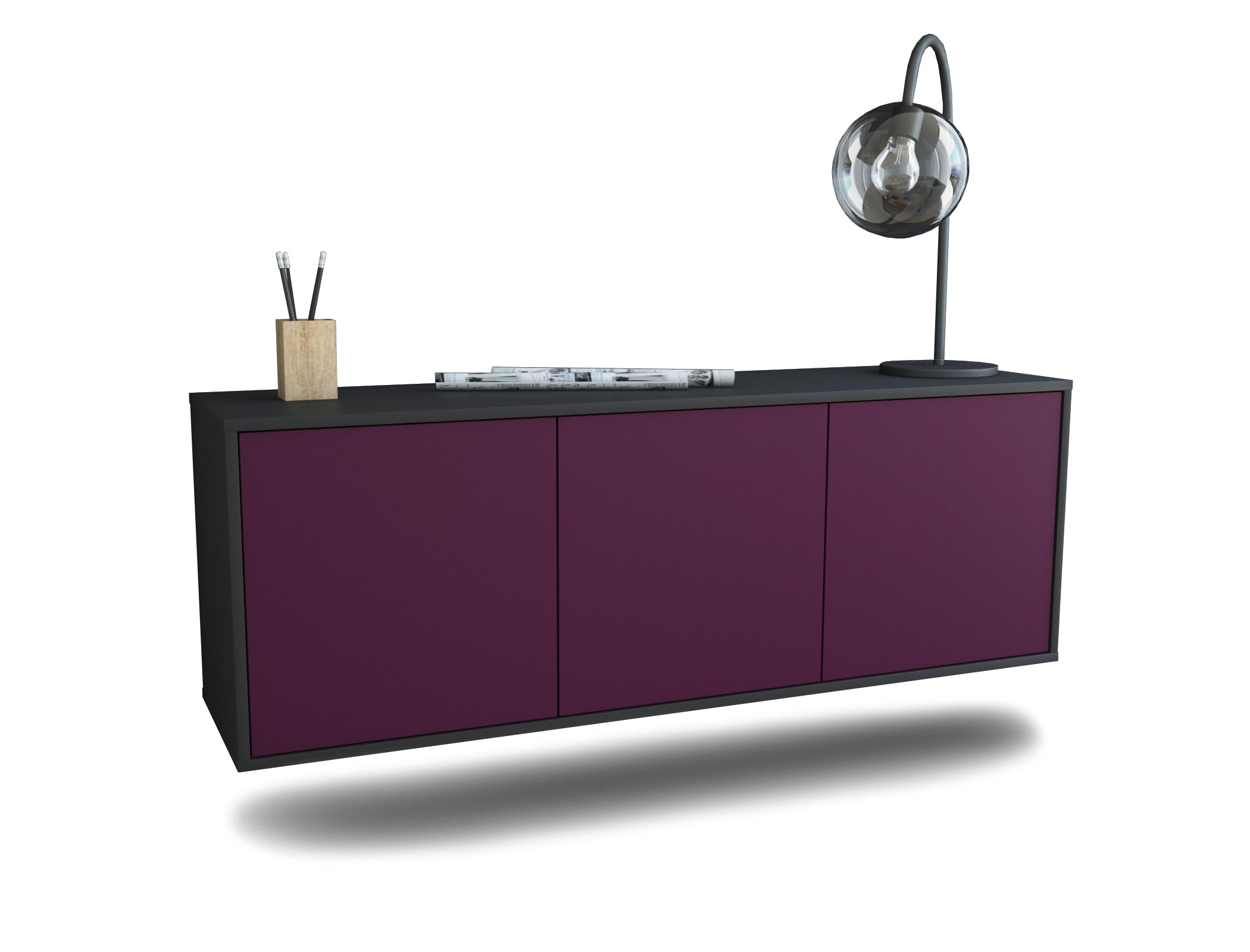 Lowboard Seattle | hängend | Korpus Anthrazit | Front in Lila | 136x49x35cm (BxHxT) 1 Lowboard Seattle | hängend | Korpus Anthrazit | Front in Lila | 136x49x35cm (BxHxT)