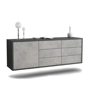 Lowboard Portland | hängend | Korpus Anthrazit | Front in Beton Optik | 136x49x35cm (BxHxT)