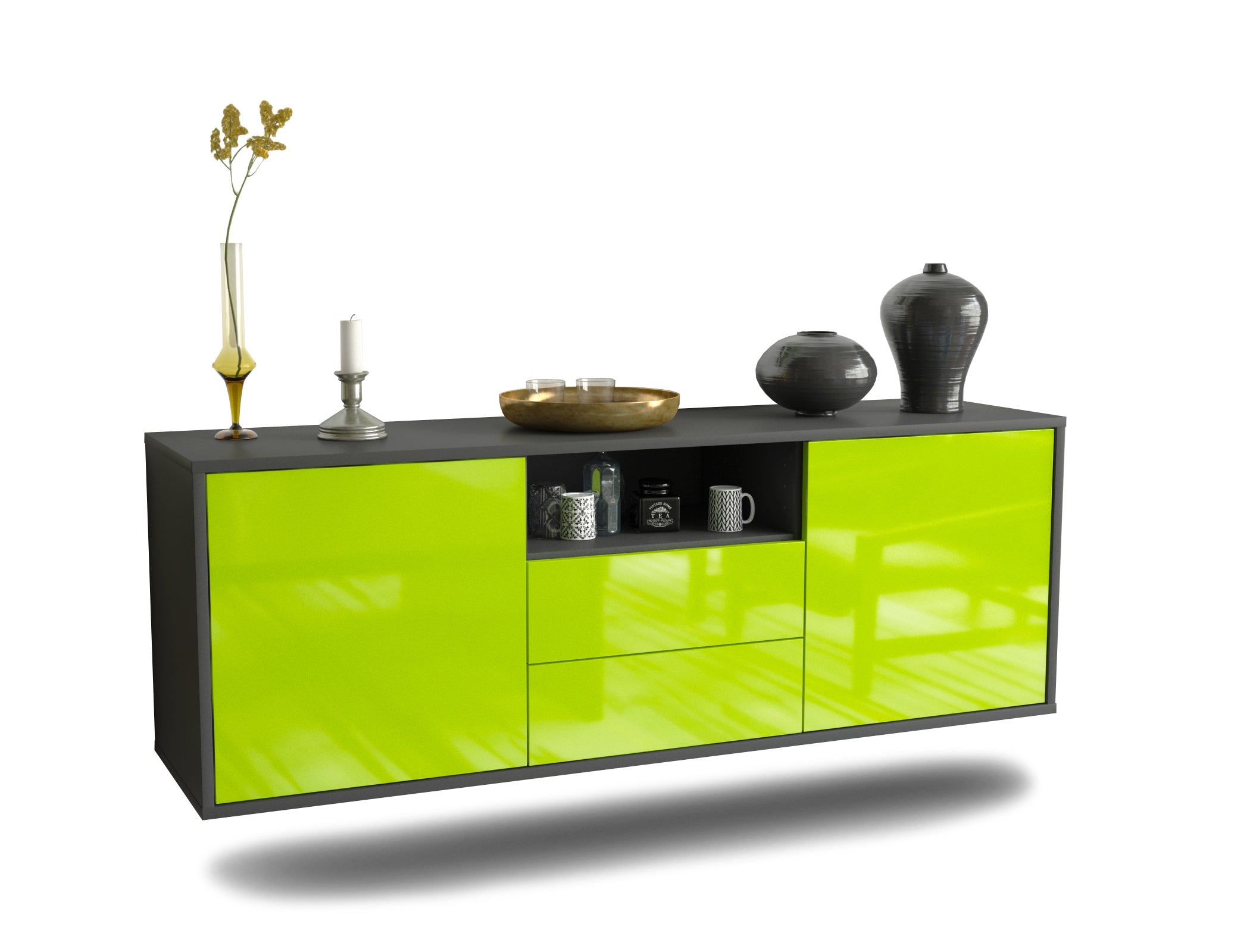 Lowboard Tucson | hängend | Korpus Anthrazit | Front in Hochglanz Grün | 136x49x35cm (BxHxT) 1 Lowboard Tucson | hängend | Korpus Anthrazit | Front in Hochglanz Grün | 136x49x35cm (BxHxT)