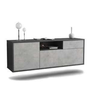Lowboard Atlanta | hängend | Korpus Anthrazit | Front in Beton Optik | 136x49x35cm (BxHxT)