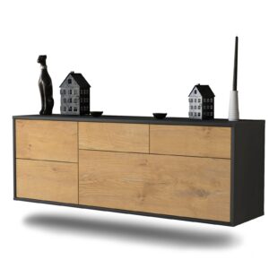 Lowboard Fresno | hängend | Korpus Anthrazit | Front in Eiche Holz Optik | 136x49x35cm (BxHxT)