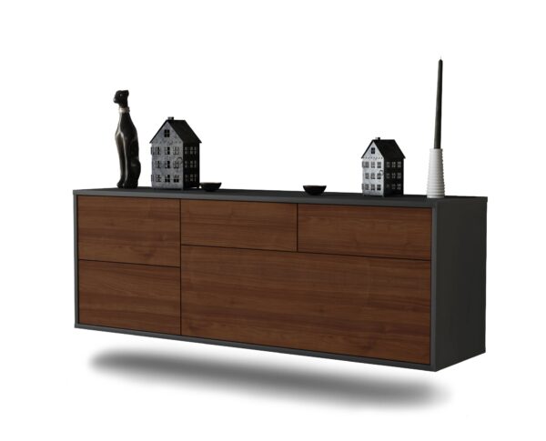 Lowboard Fresno | hängend | Korpus Anthrazit | Front in Walnuss Holz Optik | 136x49x35cm (BxHxT)