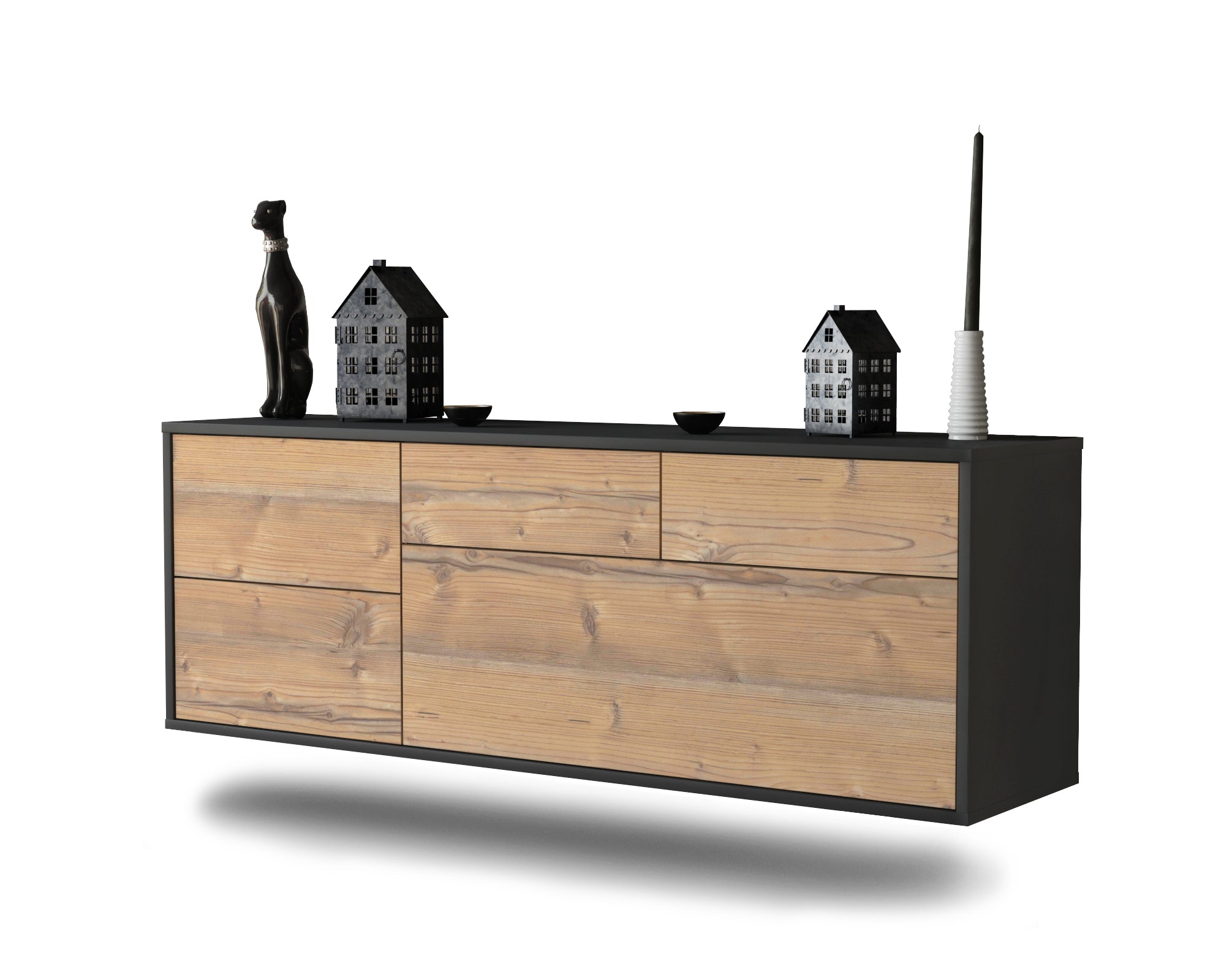Lowboard Fresno | hängend | Korpus Anthrazit | Front in Pinie Holz Optik | 136x49x35cm (BxHxT) 1 Lowboard Fresno | hängend | Korpus Anthrazit | Front in Pinie Holz Optik | 136x49x35cm (BxHxT)