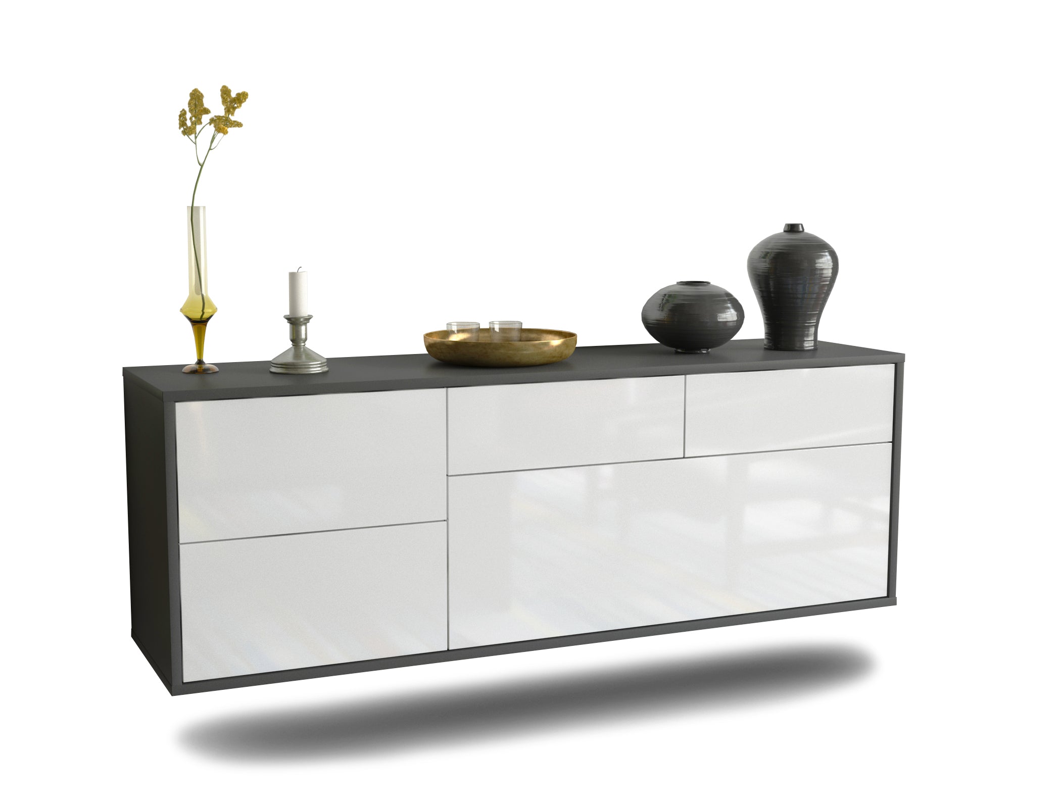 Lowboard Fresno | hängend | Korpus Anthrazit | Front in Hochglanz Weiß | 136x49x35cm (BxHxT) 1 Lowboard Fresno | hängend | Korpus Anthrazit | Front in Hochglanz Weiß | 136x49x35cm (BxHxT)