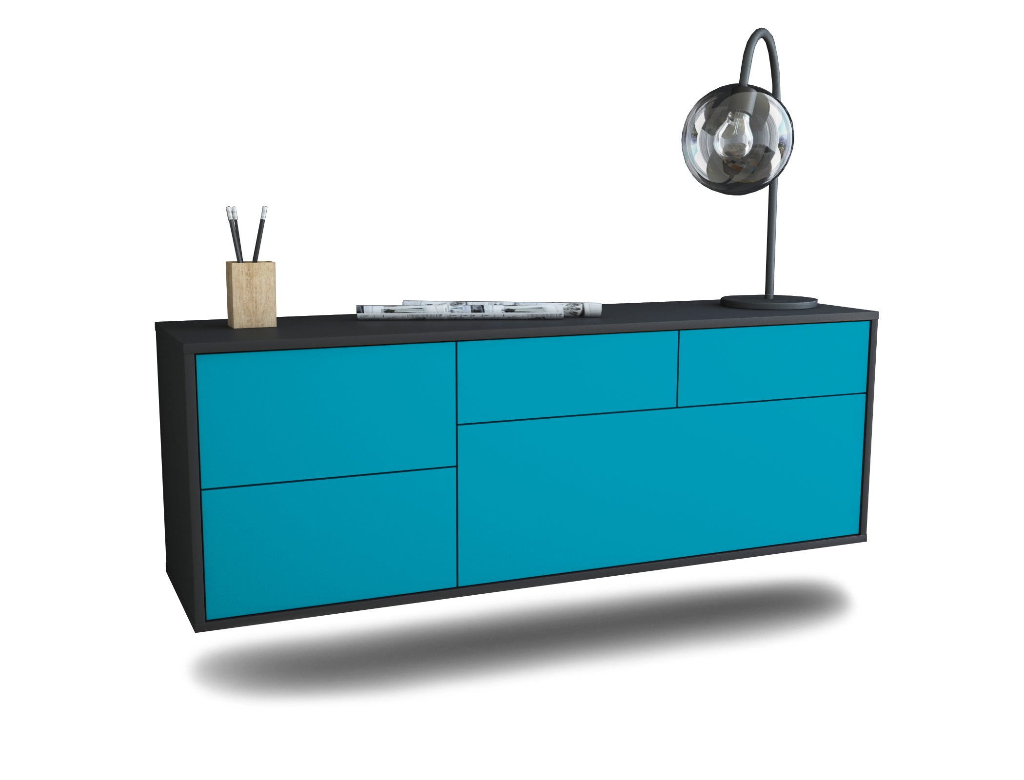 Lowboard Fresno | hängend | Korpus Anthrazit | Front in Türkis | 136x49x35cm (BxHxT) 1 Lowboard Fresno | hängend | Korpus Anthrazit | Front in Türkis | 136x49x35cm (BxHxT)