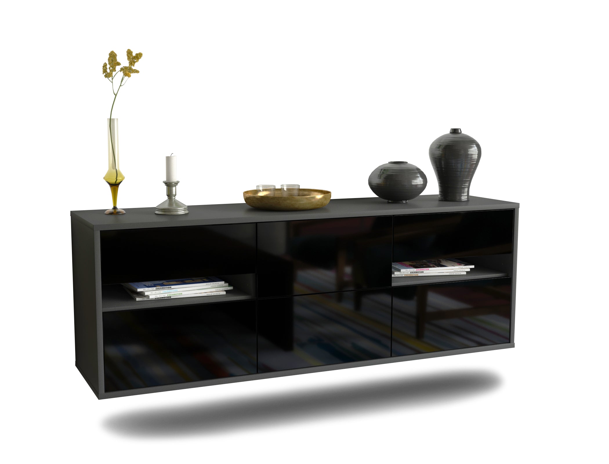 Lowboard Sacramento | hängend | Korpus Anthrazit | Front in Hochglanz Schwarz | 136x49x35cm (BxHxT) 1 Lowboard Sacramento | hängend | Korpus Anthrazit | Front in Hochglanz Schwarz | 136x49x35cm (BxHxT)