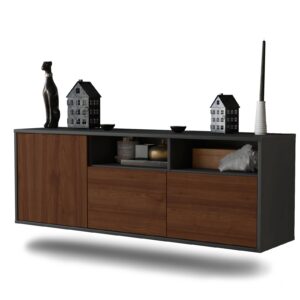Lowboard Omaha | hängend | Korpus Anthrazit | Front in Walnuss Holz Optik | 136x49x35cm (BxHxT)
