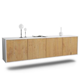 Lowboard Anaheim | hängend | Korpus Weiß | Front in Eiche Holz Optik | 180x49x35cm (BxHxT)