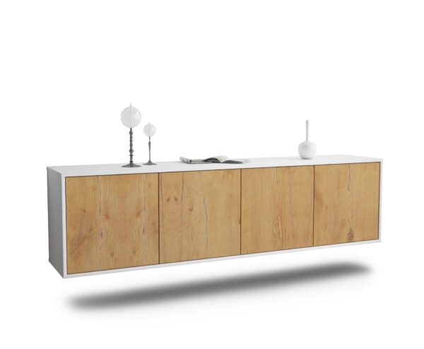 Lowboard Anaheim | hängend | Korpus Weiß | Front in Eiche Holz Optik | 180x49x35cm (BxHxT)