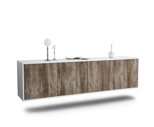 Lowboard Anaheim | hängend | Korpus Weiß | Front in Treibholz Holz Optik | 180x49x35cm (BxHxT)
