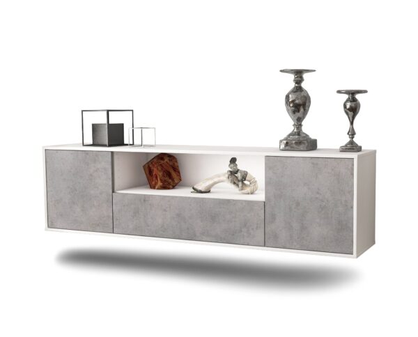 Lowboard Bakersfield | hängend | Korpus Weiß | Front in Beton Optik | 180x49x35cm (BxHxT)