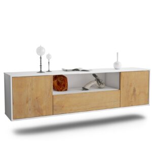 Lowboard Bakersfield | hängend | Korpus Weiß | Front in Eiche Holz Optik | 180x49x35cm (BxHxT)