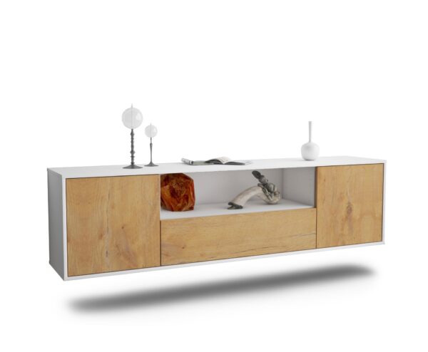 Lowboard Bakersfield | hängend | Korpus Weiß | Front in Eiche Holz Optik | 180x49x35cm (BxHxT)