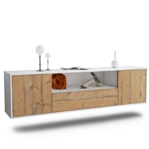 Lowboard Bakersfield | hängend | Korpus Weiß | Front in Pinie Holz Optik | 180x49x35cm (BxHxT)