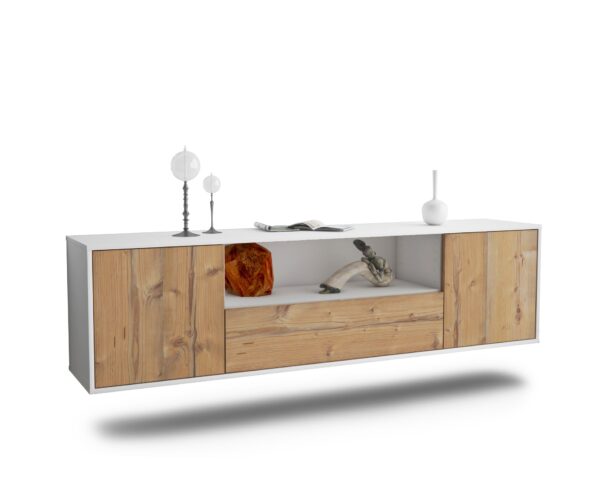 Lowboard Bakersfield | hängend | Korpus Weiß | Front in Pinie Holz Optik | 180x49x35cm (BxHxT)