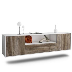 Lowboard Bakersfield | hängend | Korpus Weiß | Front in Treibholz Holz Optik | 180x49x35cm (BxHxT)