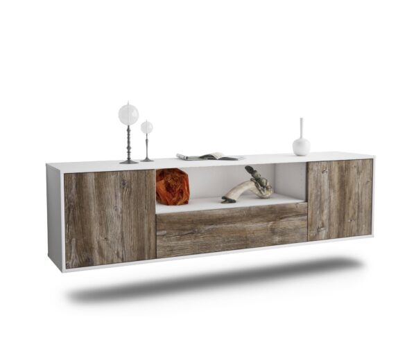 Lowboard Bakersfield | hängend | Korpus Weiß | Front in Treibholz Holz Optik | 180x49x35cm (BxHxT)