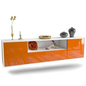 Lowboard Bakersfield | hängend | Korpus Weiß | Front in Hochglanz Orange | 180x49x35cm (BxHxT)