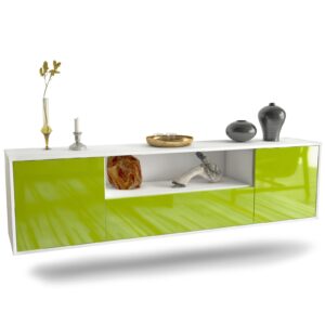 Lowboard Bakersfield | hängend | Korpus Weiß | Front in Hochglanz Grün | 180x49x35cm (BxHxT)