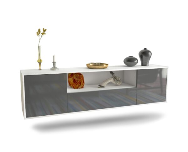 Lowboard Bakersfield | hängend | Korpus Weiß | Front in Hochglanz Grau | 180x49x35cm (BxHxT)
