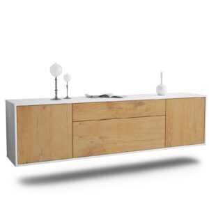 Lowboard Aurora | hängend | Korpus Weiß | Front in Eiche Holz Optik | 180x49x35cm (BxHxT)