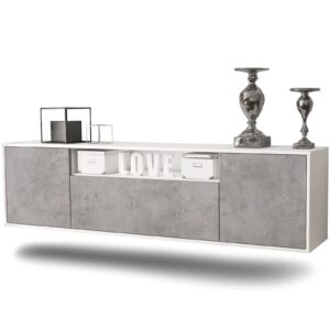 Lowboard Pittsburgh | hängend | Korpus Weiß | Front in Beton Optik | 180x49x35cm (BxHxT)