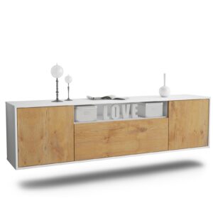 Lowboard Pittsburgh | hängend | Korpus Weiß | Front in Eiche Holz Optik | 180x49x35cm (BxHxT)