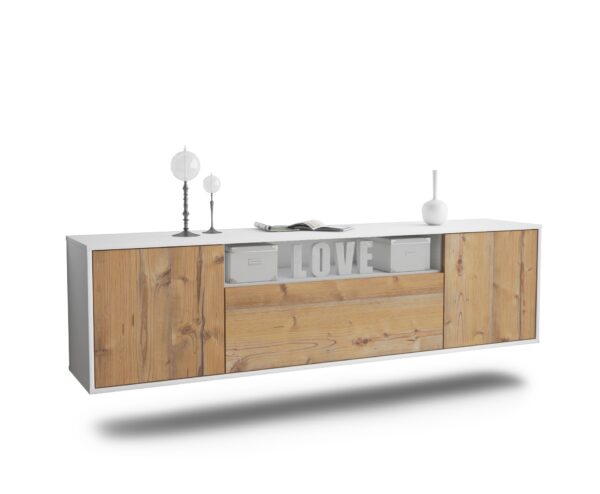 Lowboard Pittsburgh | hängend | Korpus Weiß | Front in Pinie Holz Optik | 180x49x35cm (BxHxT)