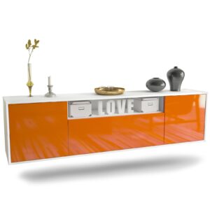 Lowboard Pittsburgh | hängend | Korpus Weiß | Front in Hochglanz Orange | 180x49x35cm (BxHxT)
