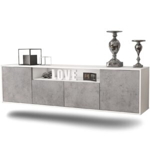 Lowboard Toledo | hängend | Korpus Weiß | Front in Beton Optik | 180x49x35cm (BxHxT)