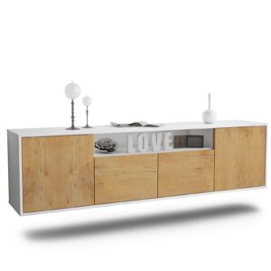 Lowboard Toledo | hängend | Korpus Weiß | Front in Eiche Holz Optik | 180x49x35cm (BxHxT)