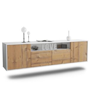 Lowboard Toledo | hängend | Korpus Weiß | Front in Pinie Holz Optik | 180x49x35cm (BxHxT)