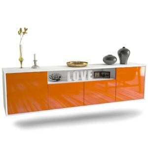 Lowboard Toledo | hängend | Korpus Weiß | Front in Hochglanz Orange | 180x49x35cm (BxHxT)