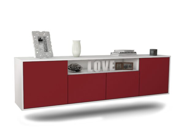 Lowboard Toledo | hängend | Korpus Weiß | Front in Bordeaux | 180x49x35cm (BxHxT)