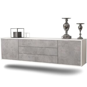 Lowboard Riverside | hängend | Korpus Weiß | Front in Beton Optik | 180x49x35cm (BxHxT)